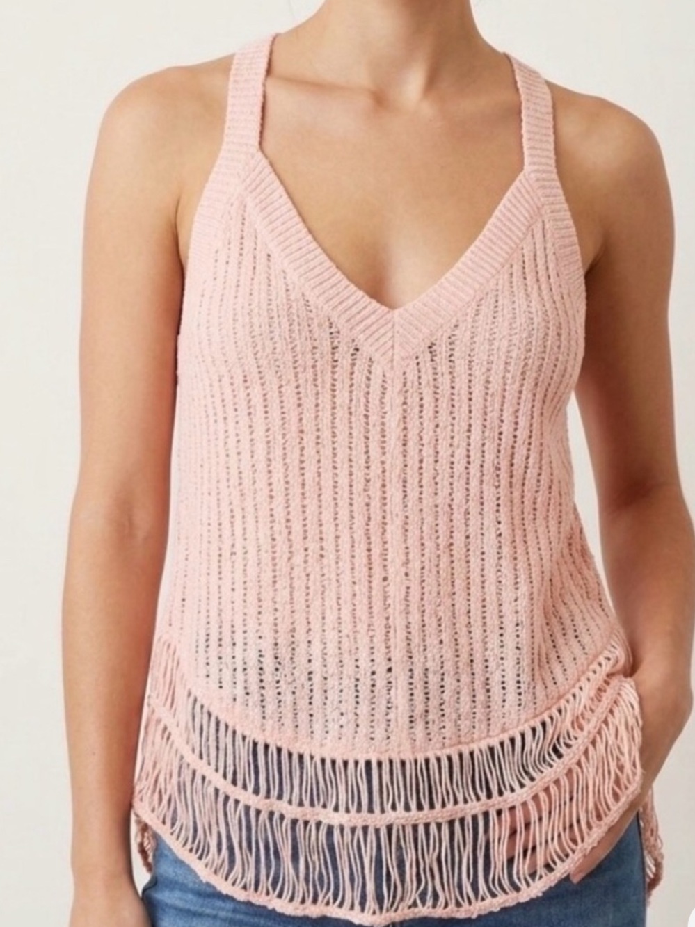 POL Peach V-Neck Fringe Knit Cross-back Tank